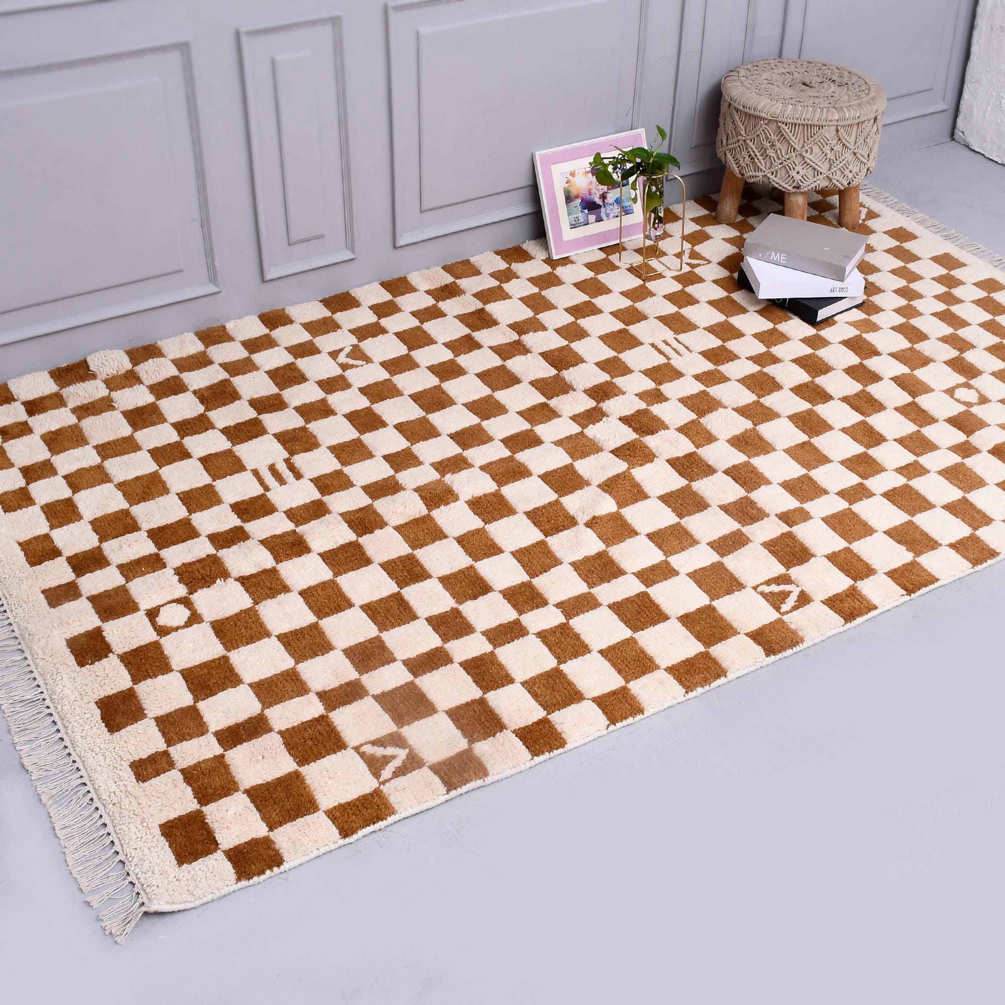 Brown Checkered Moroccan Rug, Brown Beni Ourain  Rug, Brown Wool Rug, Handmade Checkered Rug, Christmas Decor, Custom Design 8x10 FT Rug
