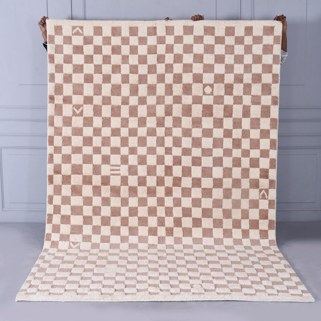 Checkered Moroccan Rug, Pinkish Moroccan Area Rug For Home Décor, Beige Checkered Wool Rug, Custom Hand-Knotted Checkerboard Rug For Bedroom