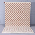 Checkered Moroccan Rug, Pinkish Moroccan Area Rug For Home Décor, Beige Checkered Wool Rug, Custom Hand-Knotted Checkerboard Rug For Bedroom