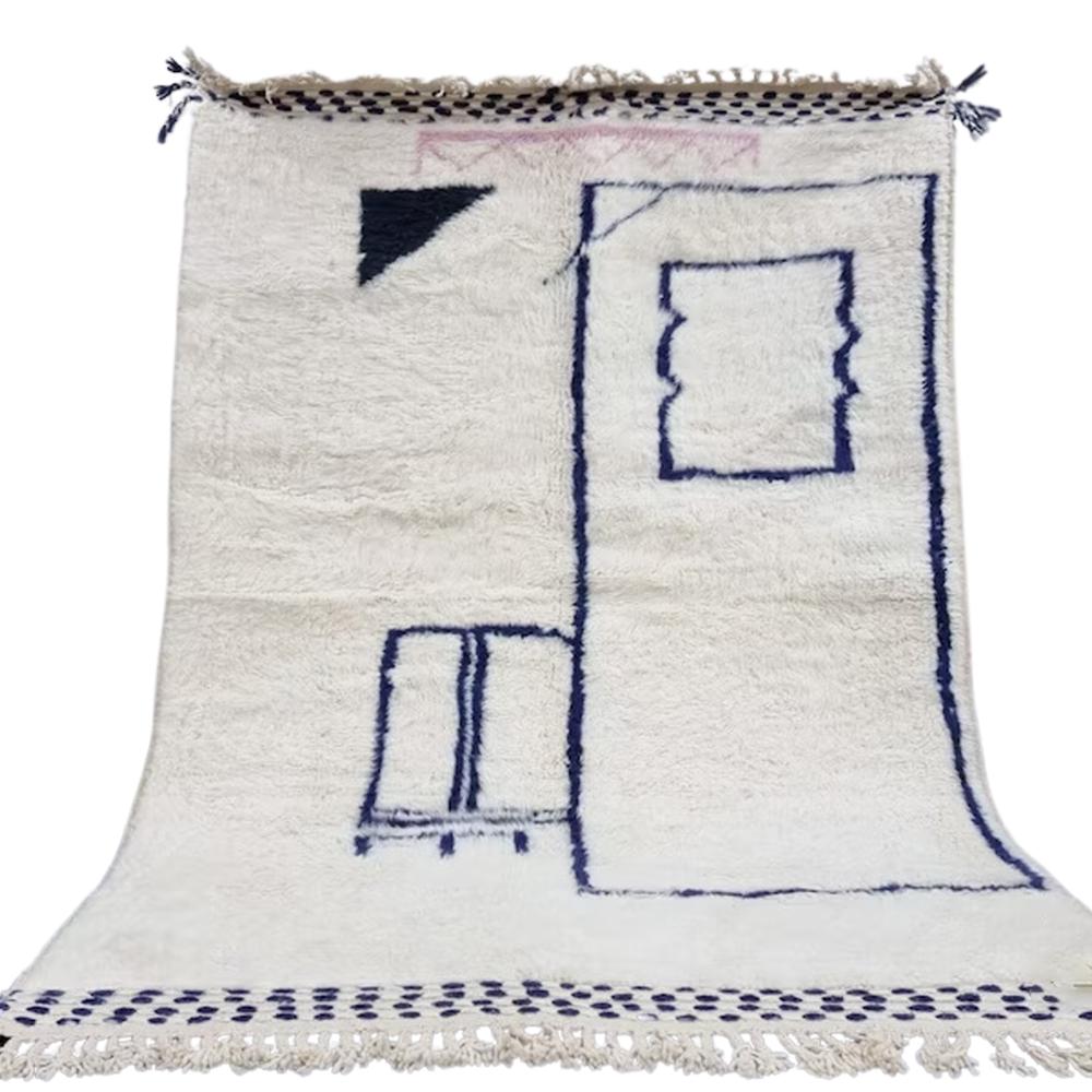 Moroccan Berber Rug Handmade, White Dark Blue Wool Area Rug, Abstract Boho Handwoven Carpet, Living Room Bedroom Decor Scandinavian Boho Rug