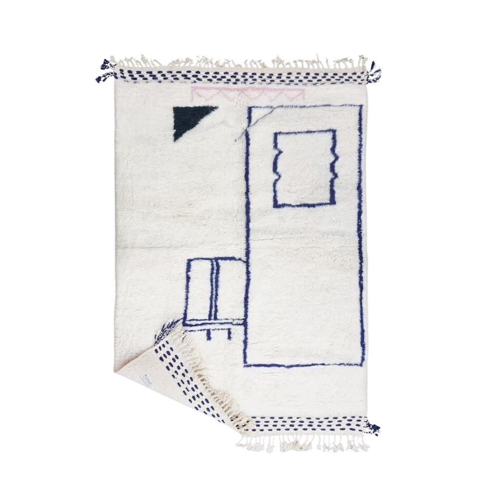 Moroccan Berber Rug Handmade, White Dark Blue Wool Area Rug, Abstract Boho Handwoven Carpet, Living Room Bedroom Decor Scandinavian Boho Rug