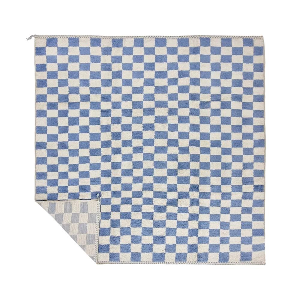 Blue Checkered Wool Rug | Cozy Home Decor, Soft and Durable, Perfect for Living Room & Bedroom, Handmade, Stylish Eco-Friendly Area Rug