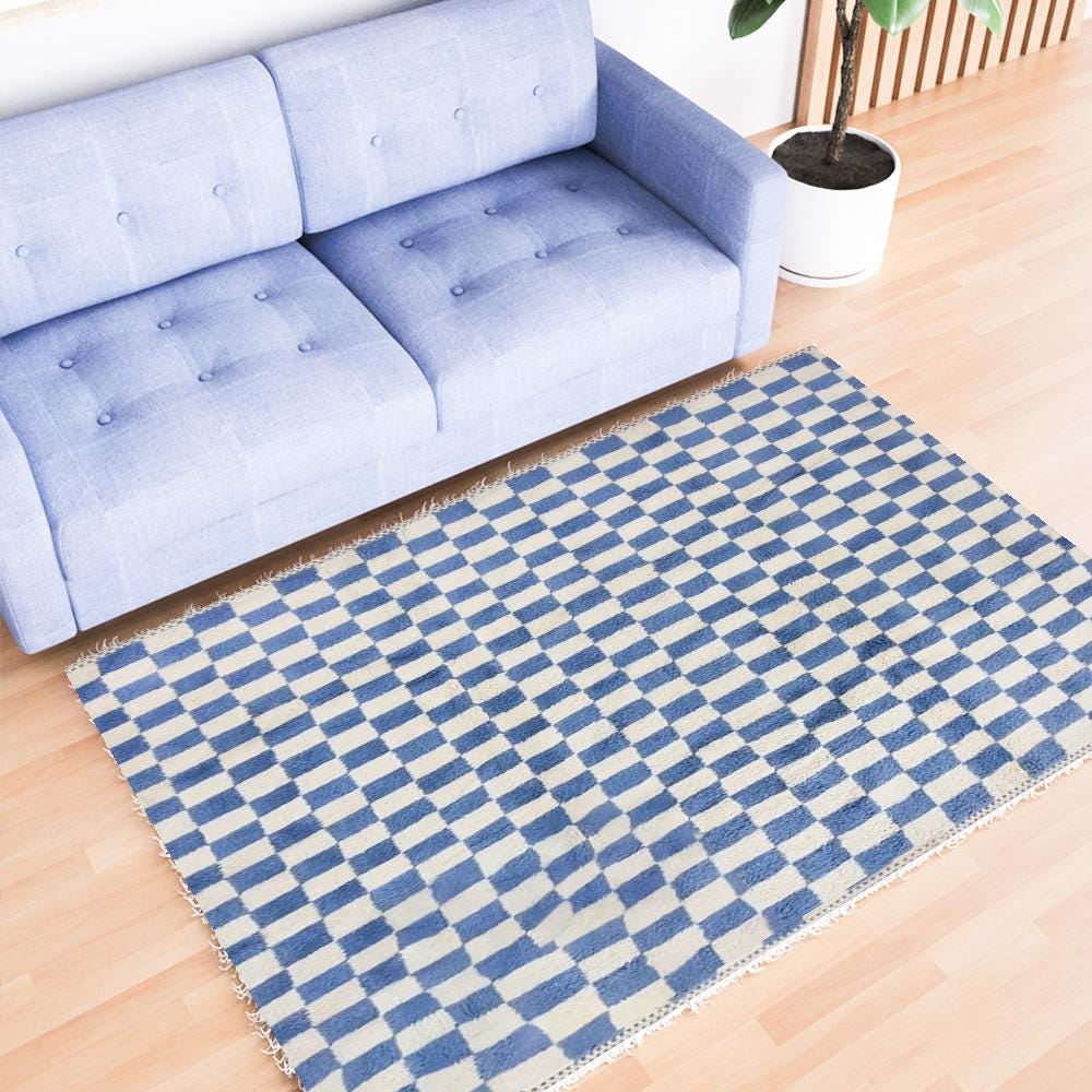 Blue Checkered Wool Rug | Cozy Home Decor, Soft and Durable, Perfect for Living Room & Bedroom, Handmade, Stylish Eco-Friendly Area Rug
