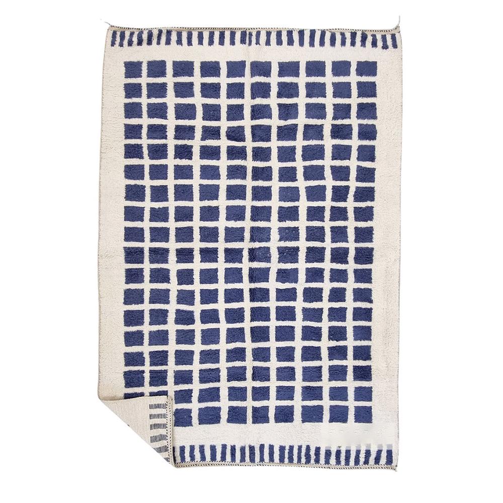 Checkered Blue Wool Rug - Soft & Cozy Floor Decor, Stylish Area Rug for Living Room, Bedroom, Home Modern Decor, Unique Design Moroccan Rug