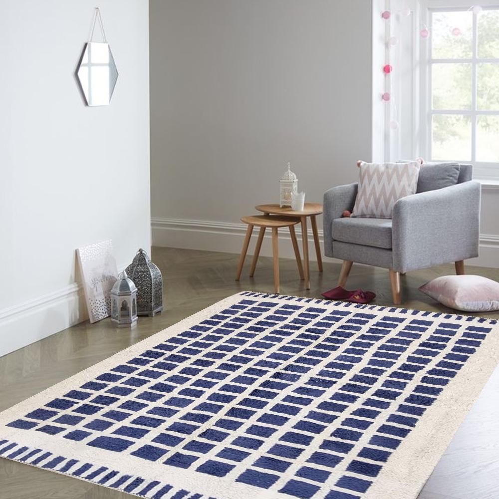 Checkered Blue Wool Rug - Soft & Cozy Floor Decor, Stylish Area Rug for Living Room, Bedroom, Home Modern Decor, Unique Design Moroccan Rug
