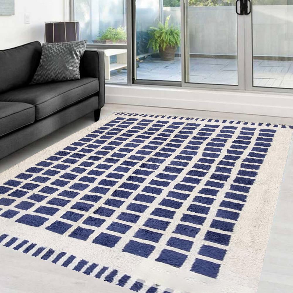 Checkered Blue Wool Rug - Soft & Cozy Floor Decor, Stylish Area Rug for Living Room, Bedroom, Home Modern Decor, Unique Design Moroccan Rug