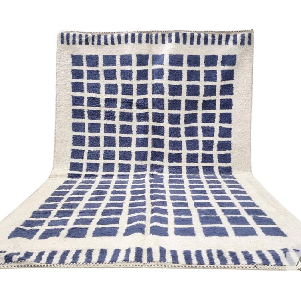 Checkered Blue Wool Rug - Soft & Cozy Floor Decor, Stylish Area Rug for Living Room, Bedroom, Home Modern Decor, Unique Design Moroccan Rug
