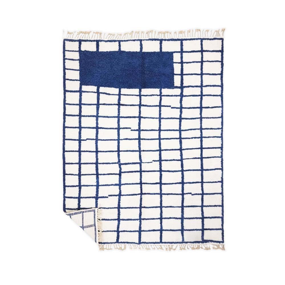 Checkered Moroccan Rug | Blue Hand-Knotted Area Rug for Home Décor | Custom Wool Checkerboard Rug for Bedroom, Dining Area, X-Mas Gift