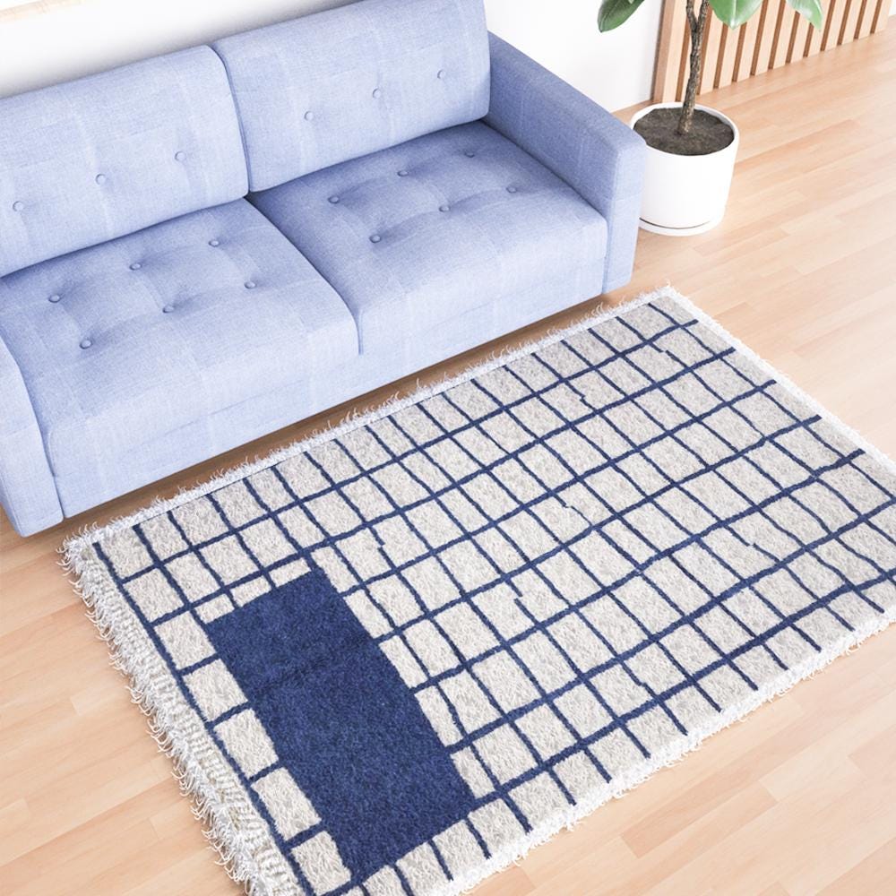 Checkered Moroccan Rug | Blue Hand-Knotted Area Rug for Home Décor | Custom Wool Checkerboard Rug for Bedroom, Dining Area, X-Mas Gift