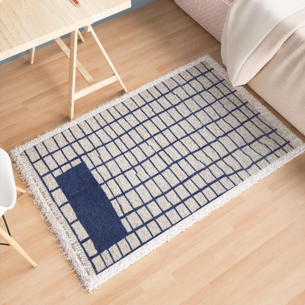 Checkered Moroccan Rug | Blue Hand-Knotted Area Rug for Home Décor | Custom Wool Checkerboard Rug for Bedroom, Dining Area, X-Mas Gift