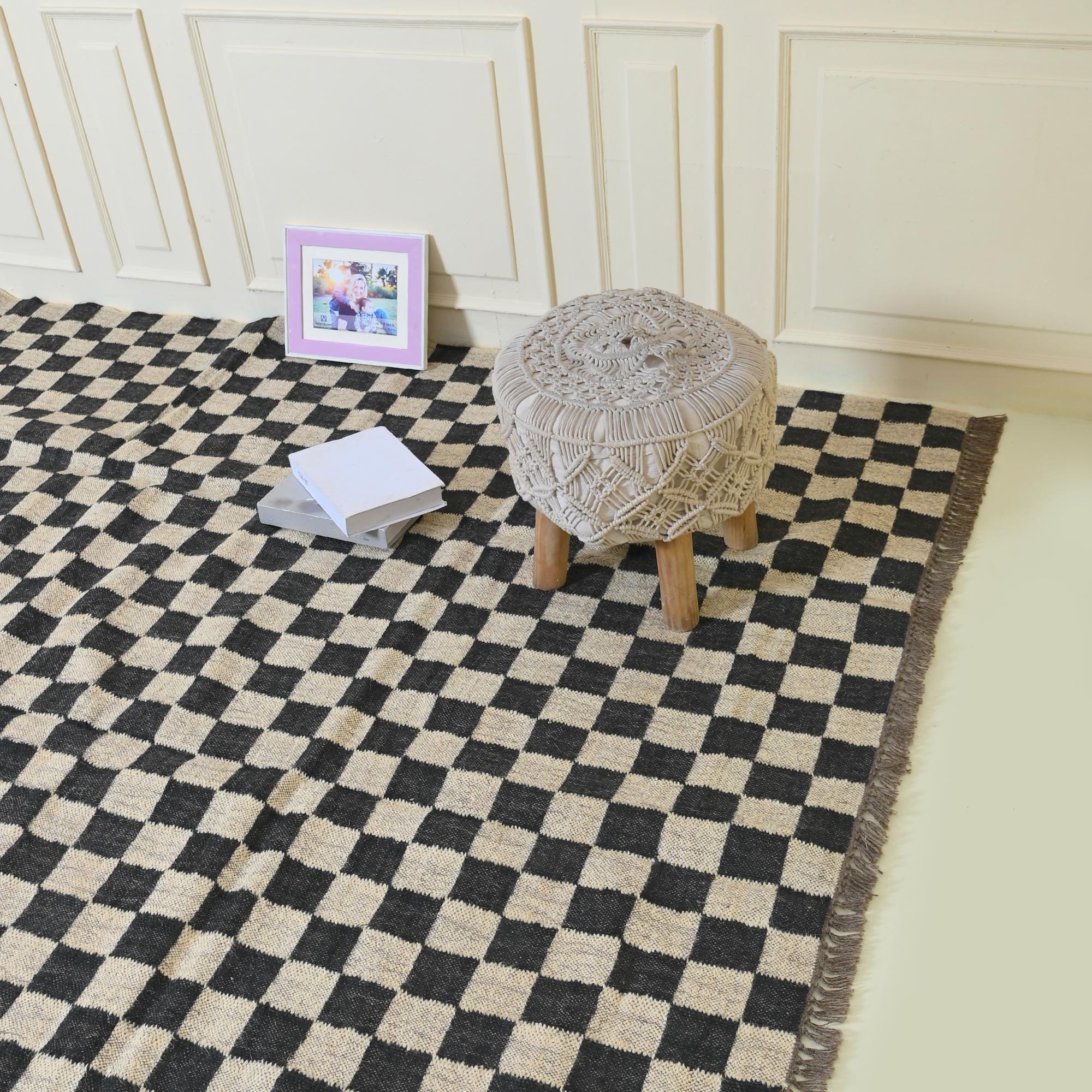 Jute Killim Checkered Rug, Wool Jute Area Rug For Living Room Decor, Kitchen Rug, Bedroom Rug, Black Checkered Rug, Custom Size Jute Rug