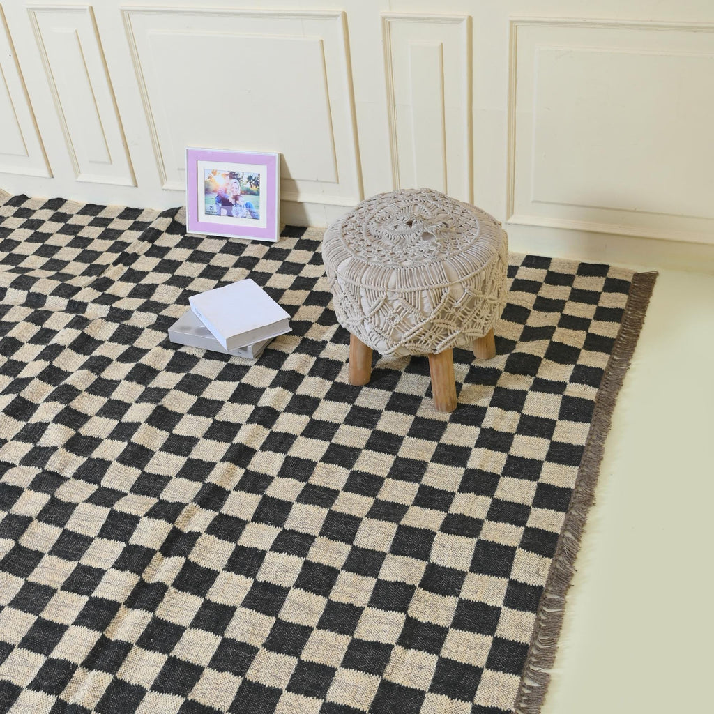 Handmade Black Checker Rug, Jute Kilim Black Checkerboard Rug, Home Decor Black Checkerboard Dhurrie, Custom Area Runner Rug