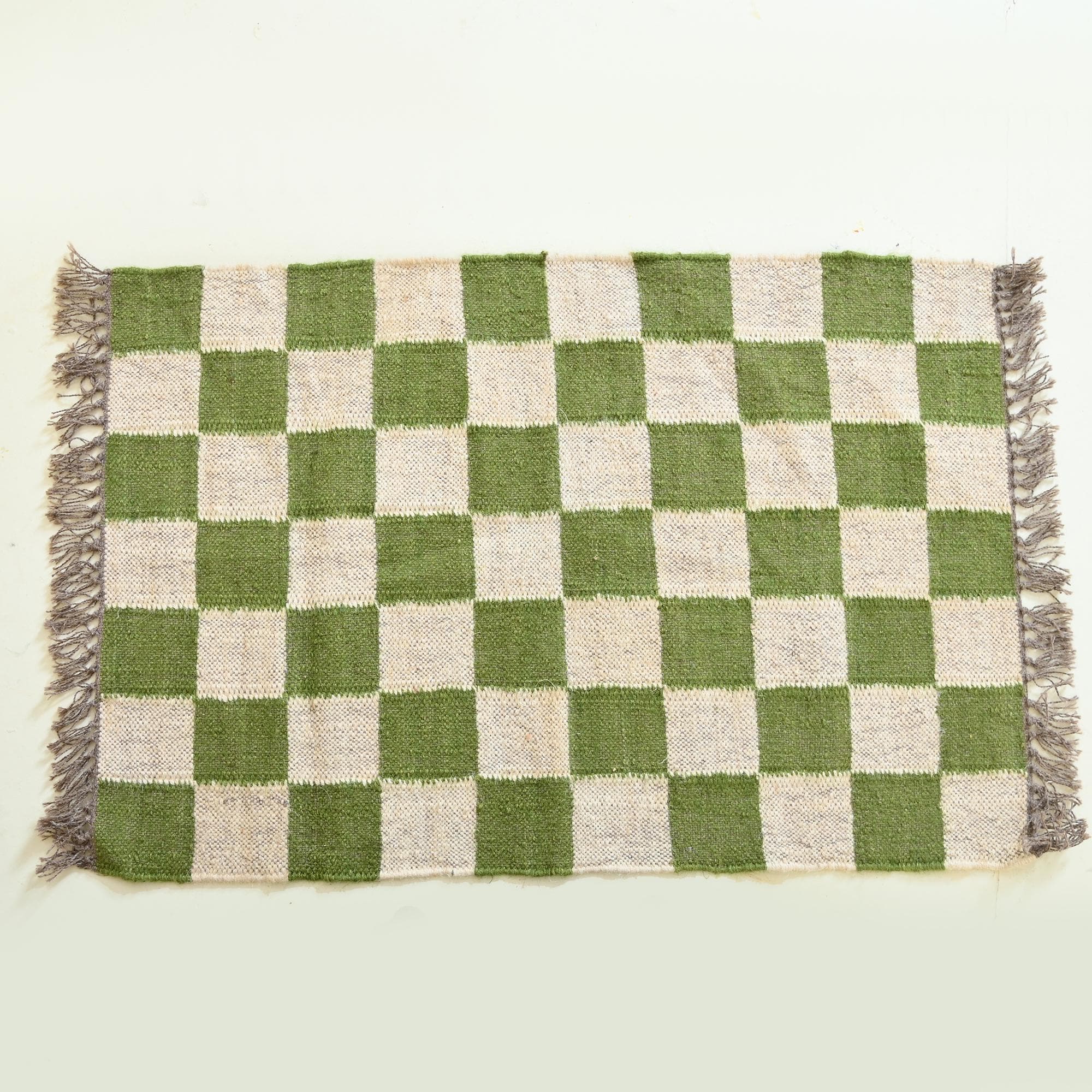 Checkered Killim Jute Rug, Wool Jute Rug For Bedroom, Living Room, Dining Area, Green Checkered Rug, Custom Size Runner Rug, Free Delivery