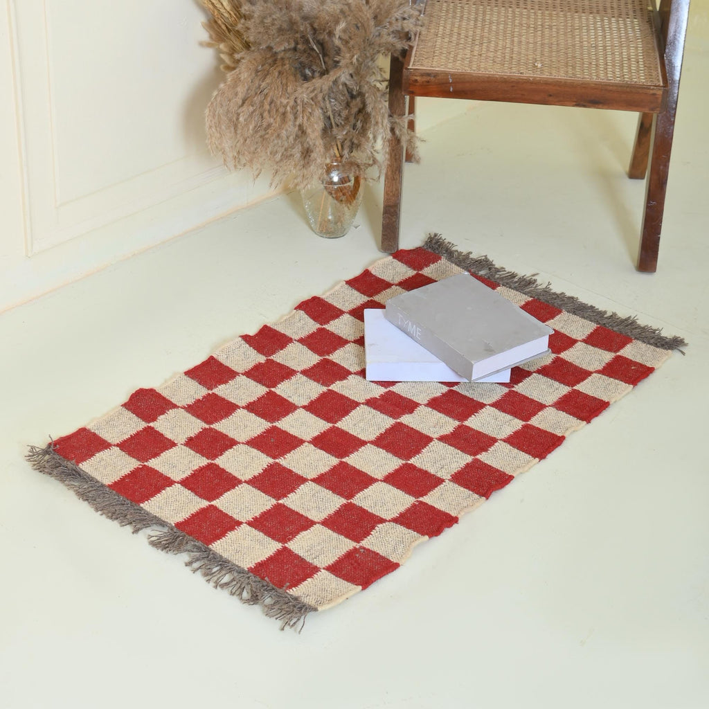 Handwoven Killim Jute Rug - Eco-Friendly Red Checkered Wool Jute Rug for Bedroom & Living Room Decor, Killim Custom Size Runner Rug