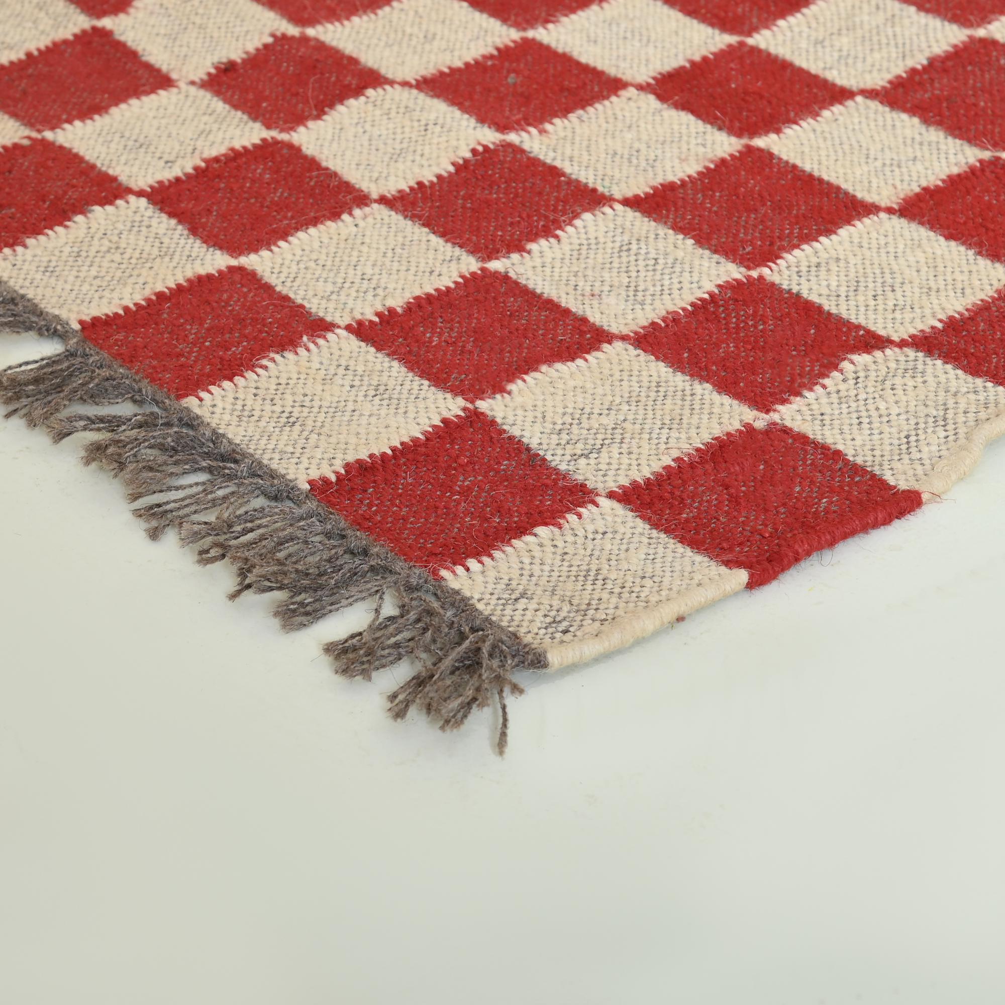 Handwoven Killim Jute Rug - Eco-Friendly Red Checkered Wool Jute Rug for Bedroom & Living Room Decor, Killim Custom Size Runner Rug