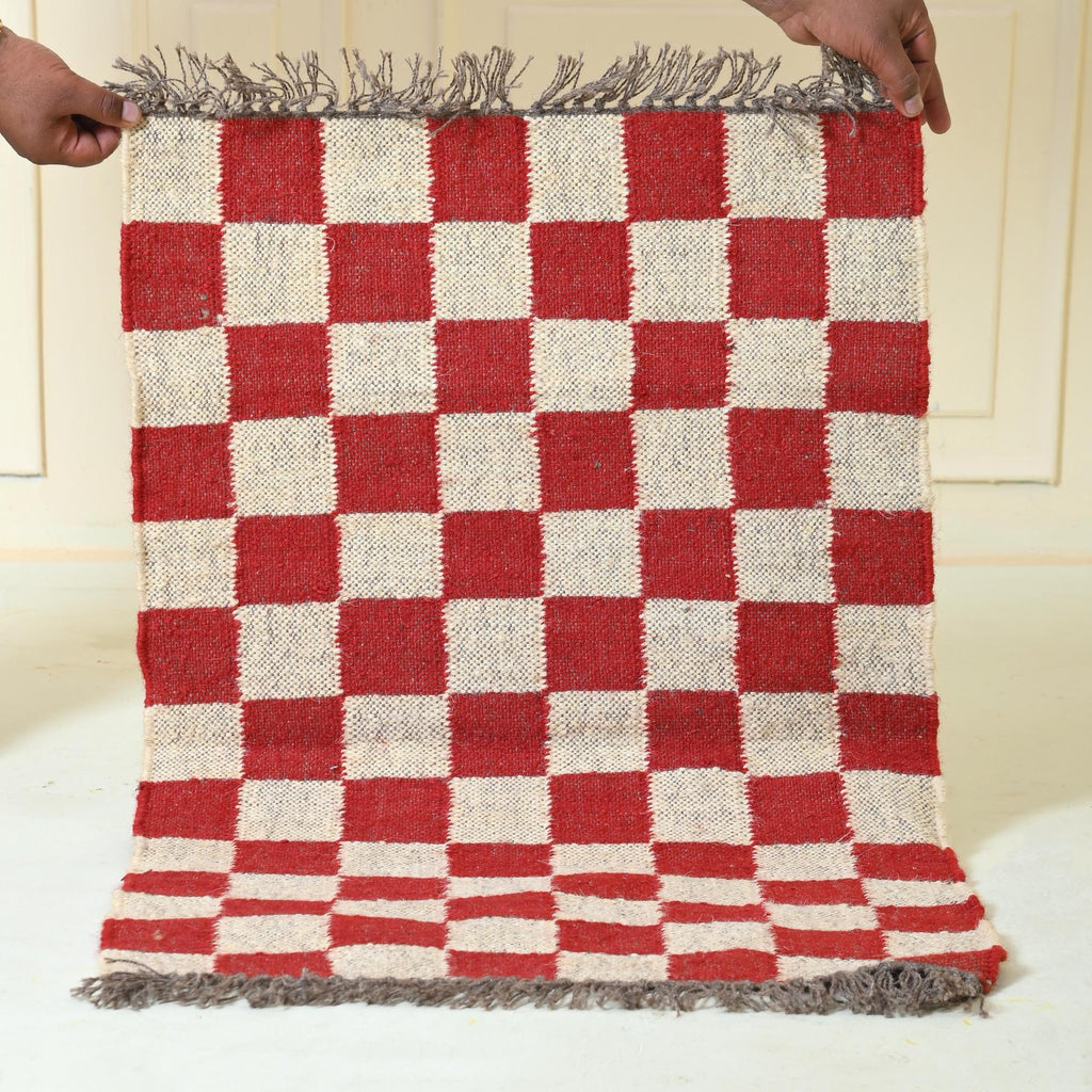 Handwoven Killim Jute Rug - Eco-Friendly Red Checkered Wool Jute Rug for Bedroom & Living Room Decor, Killim Custom Size Runner Rug
