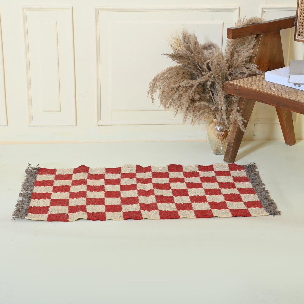 Handwoven Killim Jute Rug - Eco-Friendly Red Checkered Wool Jute Rug for Bedroom & Living Room Decor, Killim Custom Size Runner Rug