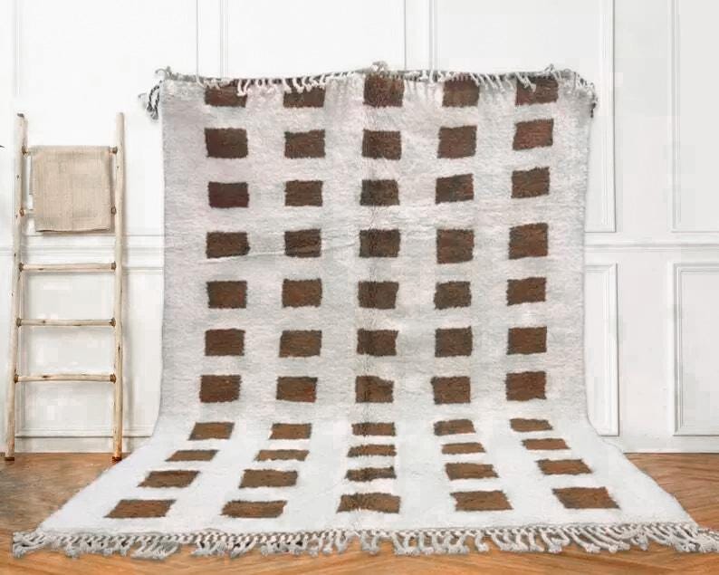 Handmade Moroccan Wool Rug, Modern Berber Beige Rug, Authentic Bohemian Area Rug, 100% Wool Checkered Area Carpet For Home Decor, Bedroom