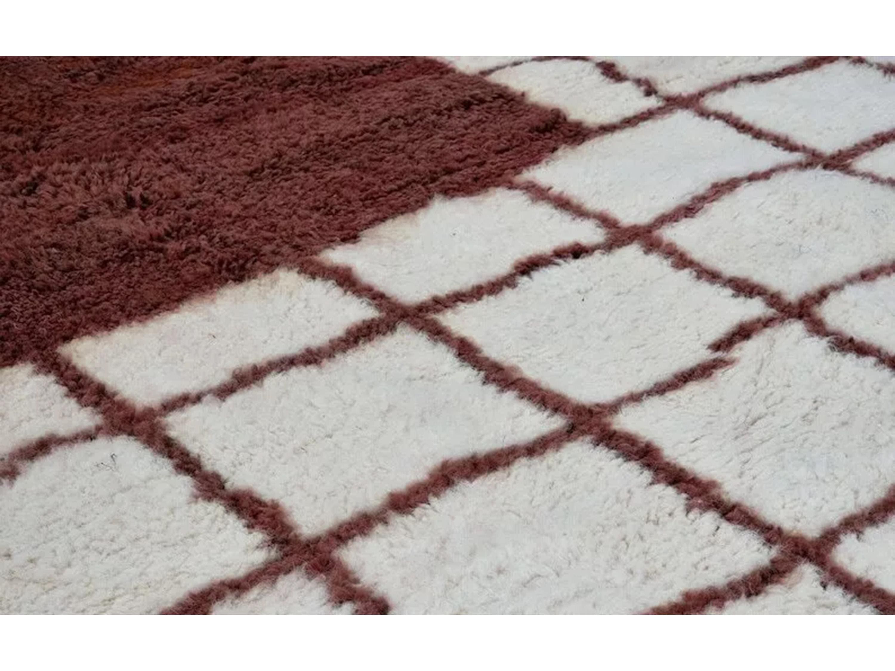 Moroccan Hand Knotted Rug, Fluffy Area Rug, Custom Grid Checkered Carpet, Handmade Wool Rug, Bohemian Home Decor, Beige Pet Friendly Rug