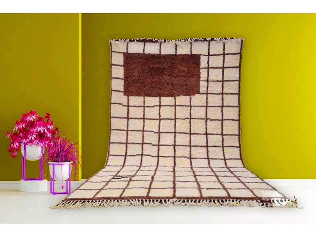 Moroccan Hand Knotted Rug, Fluffy Area Rug, Custom Grid Checkered Carpet, Handmade Wool Rug, Bohemian Home Decor, Beige Pet Friendly Rug