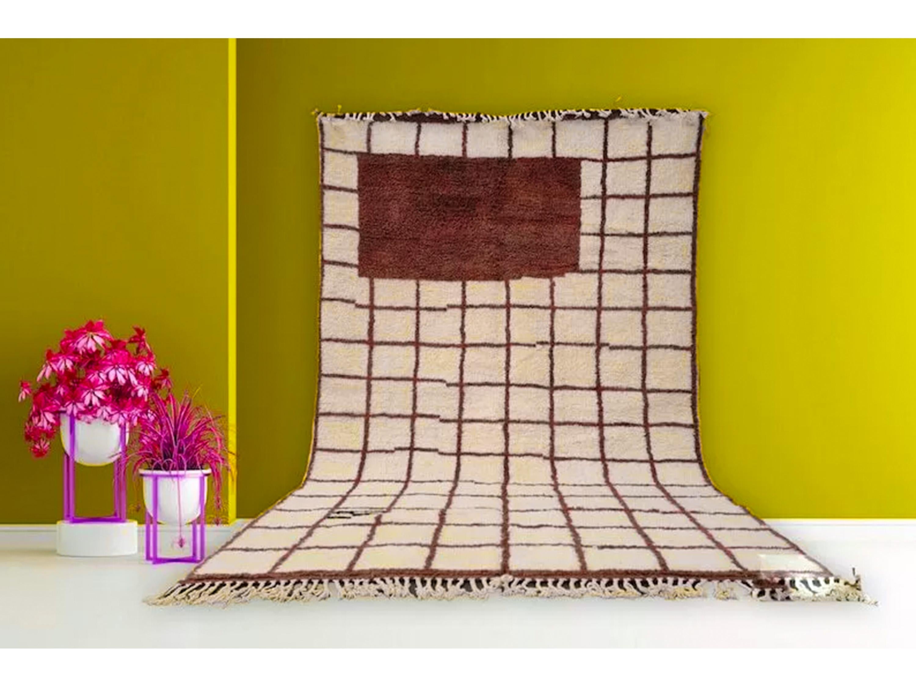 Moroccan Hand Knotted Rug, Fluffy Area Rug, Custom Grid Checkered Carpet, Handmade Wool Rug, Bohemian Home Decor, Beige Pet Friendly Rug