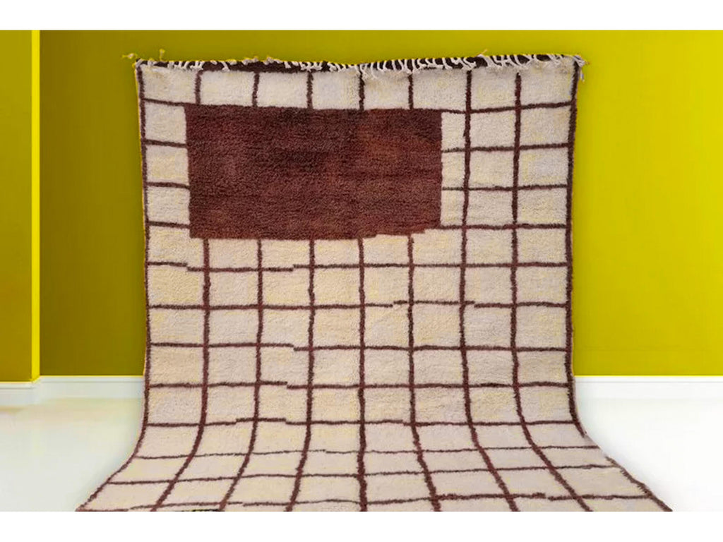 Moroccan Hand Knotted Rug, Fluffy Area Rug, Custom Grid Checkered Carpet, Handmade Wool Rug, Bohemian Home Decor, Beige Pet Friendly Rug