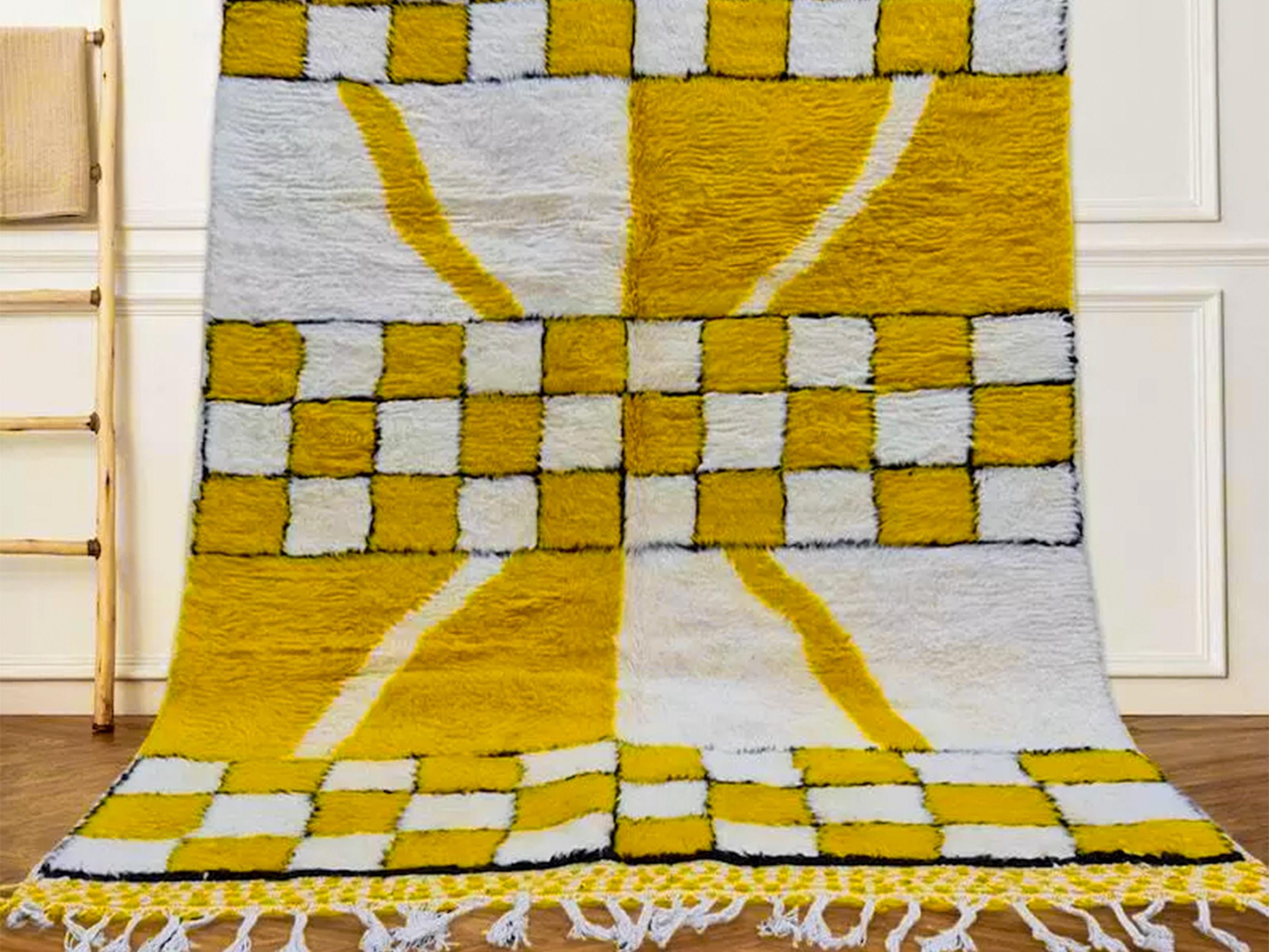 Yellow and White Checkered Berber Carpet, Handmade Moroccan Wool Rug For Your Living Room, Moroccan Mustard Rug, Sheep Wool Floor Rug
