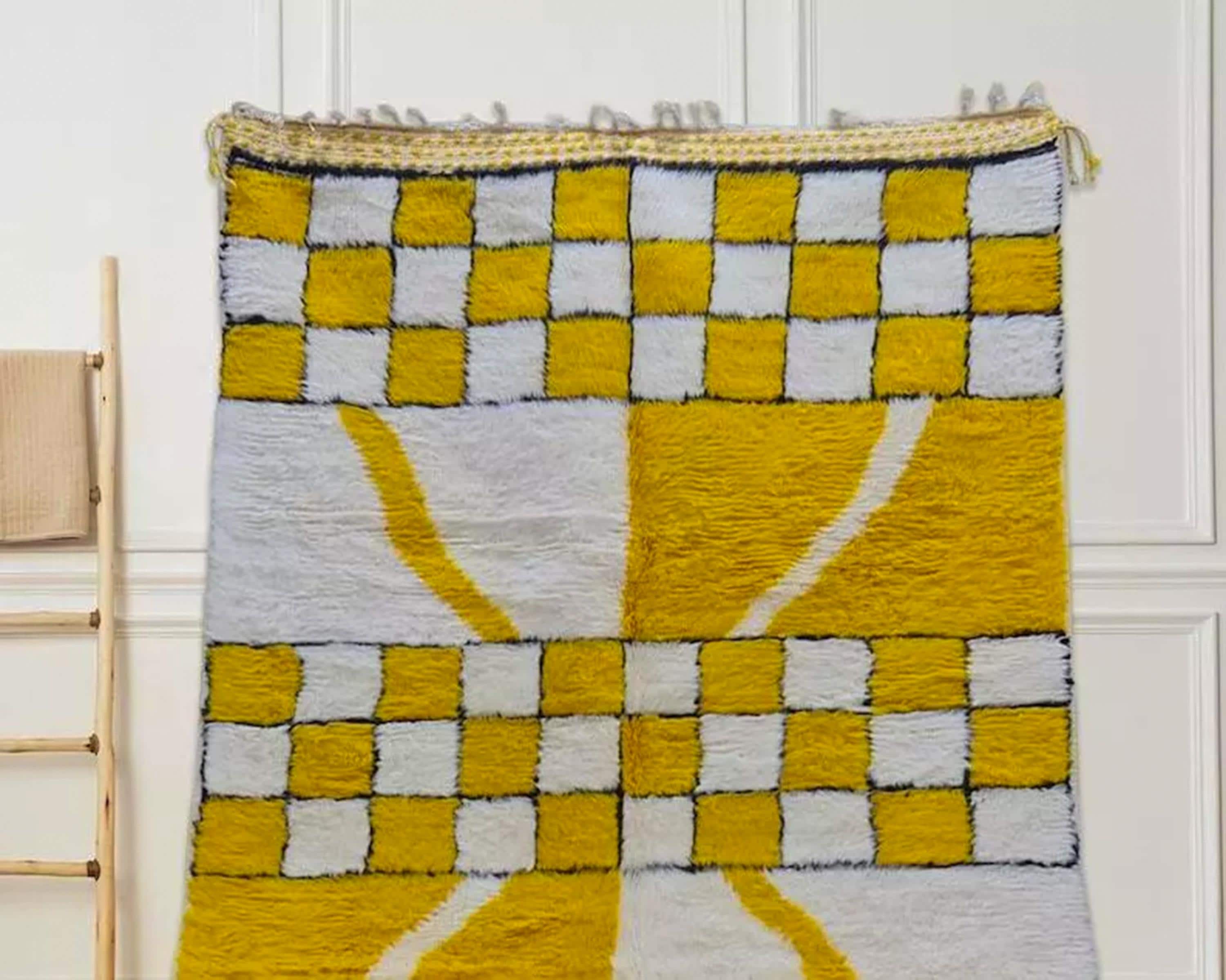 Yellow and White Checkered Berber Carpet, Handmade Moroccan Wool Rug For Your Living Room, Moroccan Mustard Rug, Sheep Wool Floor Rug