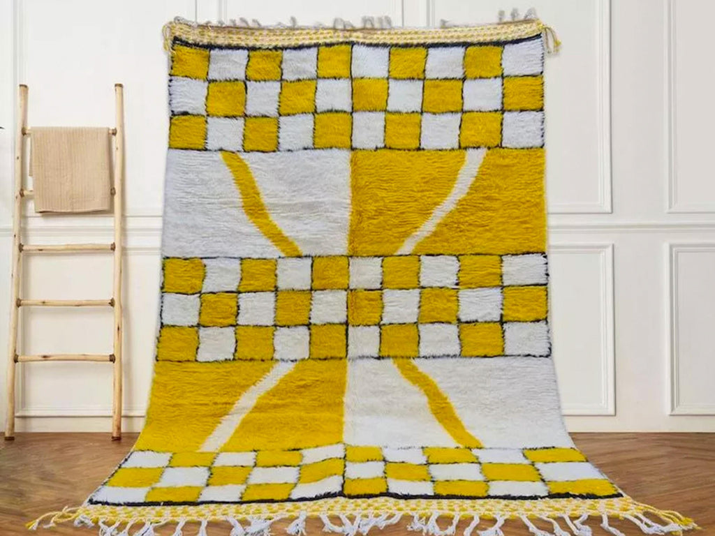 Yellow and White Checkered Berber Carpet, Handmade Moroccan Wool Rug For Your Living Room, Moroccan Mustard Rug, Sheep Wool Floor Rug