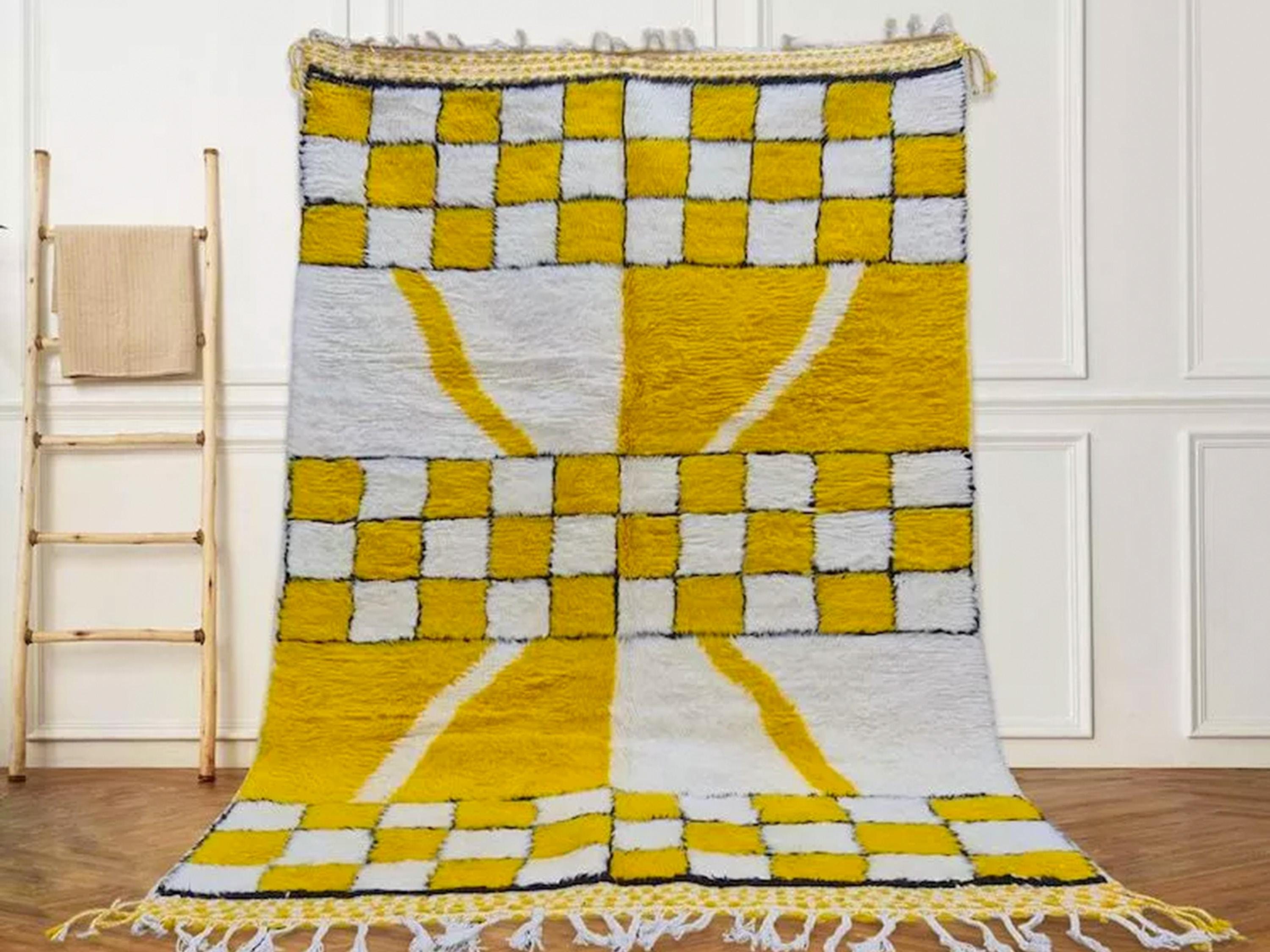 Yellow and White Checkered Berber Carpet, Handmade Moroccan Wool Rug For Your Living Room, Moroccan Mustard Rug, Sheep Wool Floor Rug