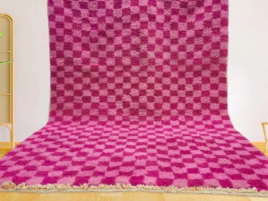 100% Wool Pink Moroccan Rug, Authentic Hand Knotted Checkered Rug, Beautiful Luxurious Fluffy Rug, Eco-Friendly Area Carpet Free Delivery