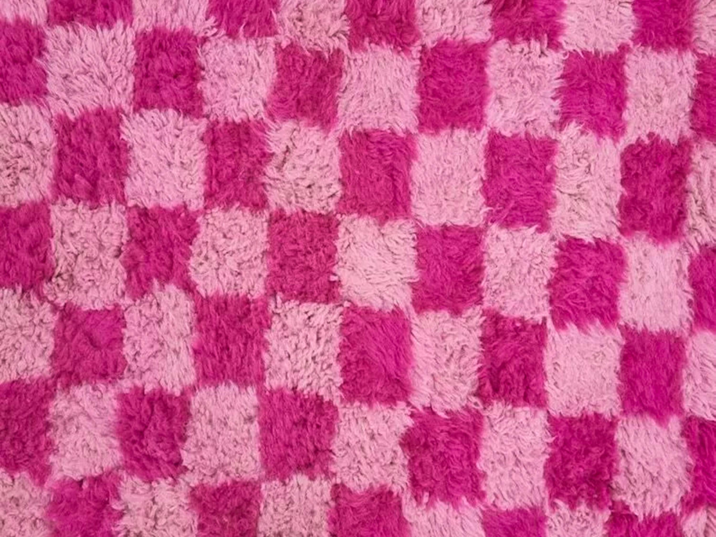 100% Wool Pink Moroccan Rug, Authentic Hand Knotted Checkered Rug, Beautiful Luxurious Fluffy Rug, Eco-Friendly Area Carpet Free Delivery
