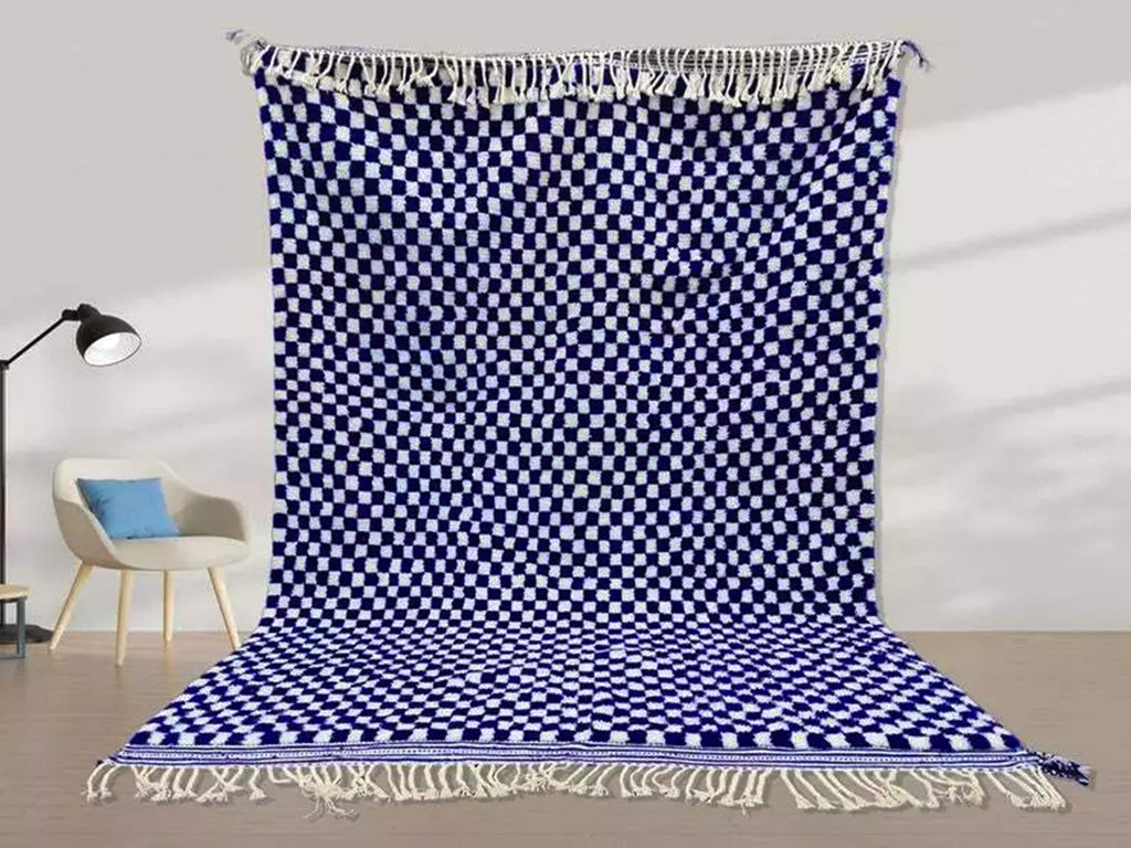 Beautiful Beni Ourain Rug, Handmade Moroccan Rug, Checkered Blue Rug For Hotel Room, Office X-mas Gift, Bedroom Rug, Azilal Rug, Wool Rug