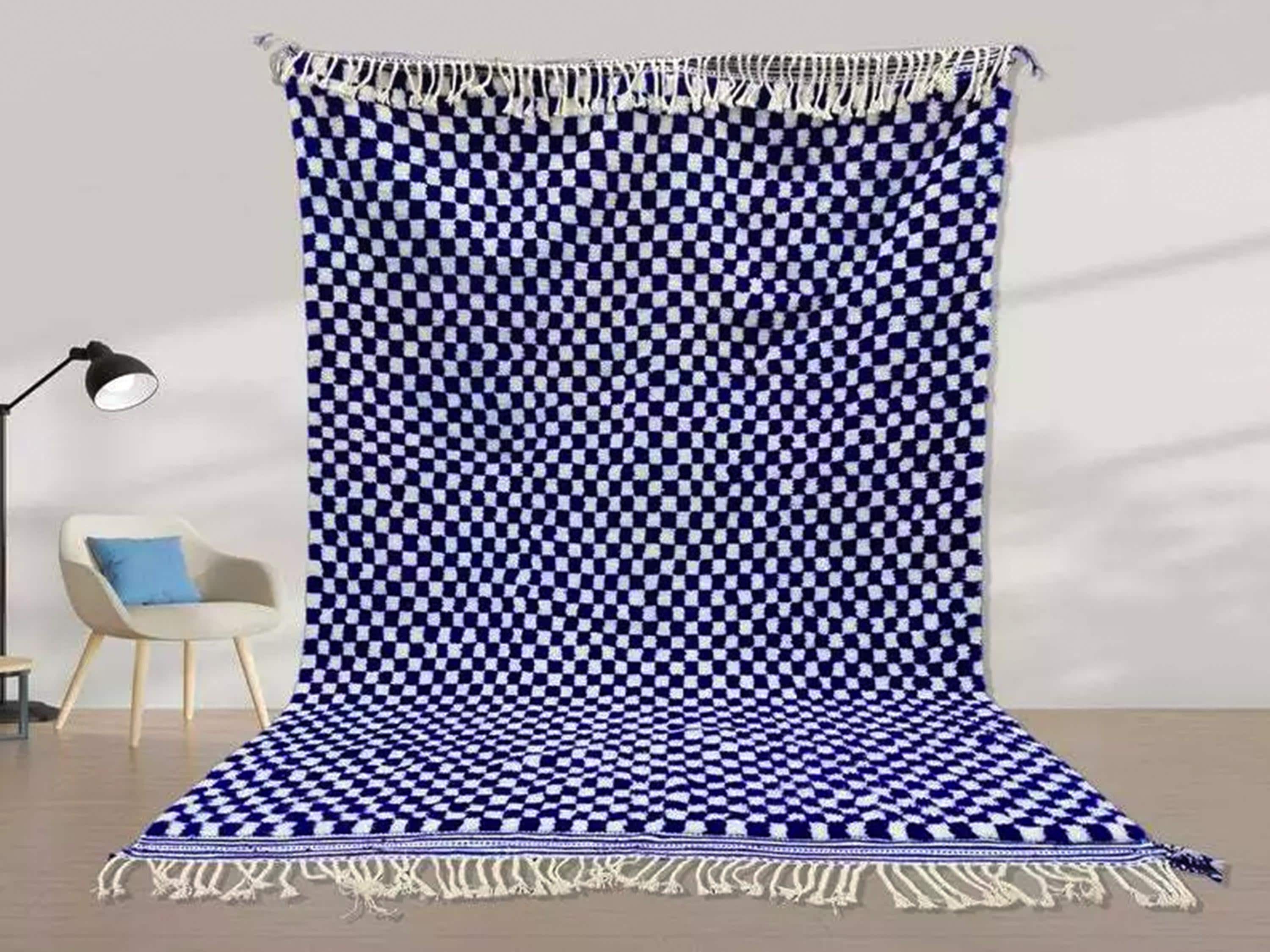 Beautiful Beni Ourain Rug, Handmade Moroccan Rug, Checkered Blue Rug For Hotel Room, Office X-mas Gift, Bedroom Rug, Azilal Rug, Wool Rug