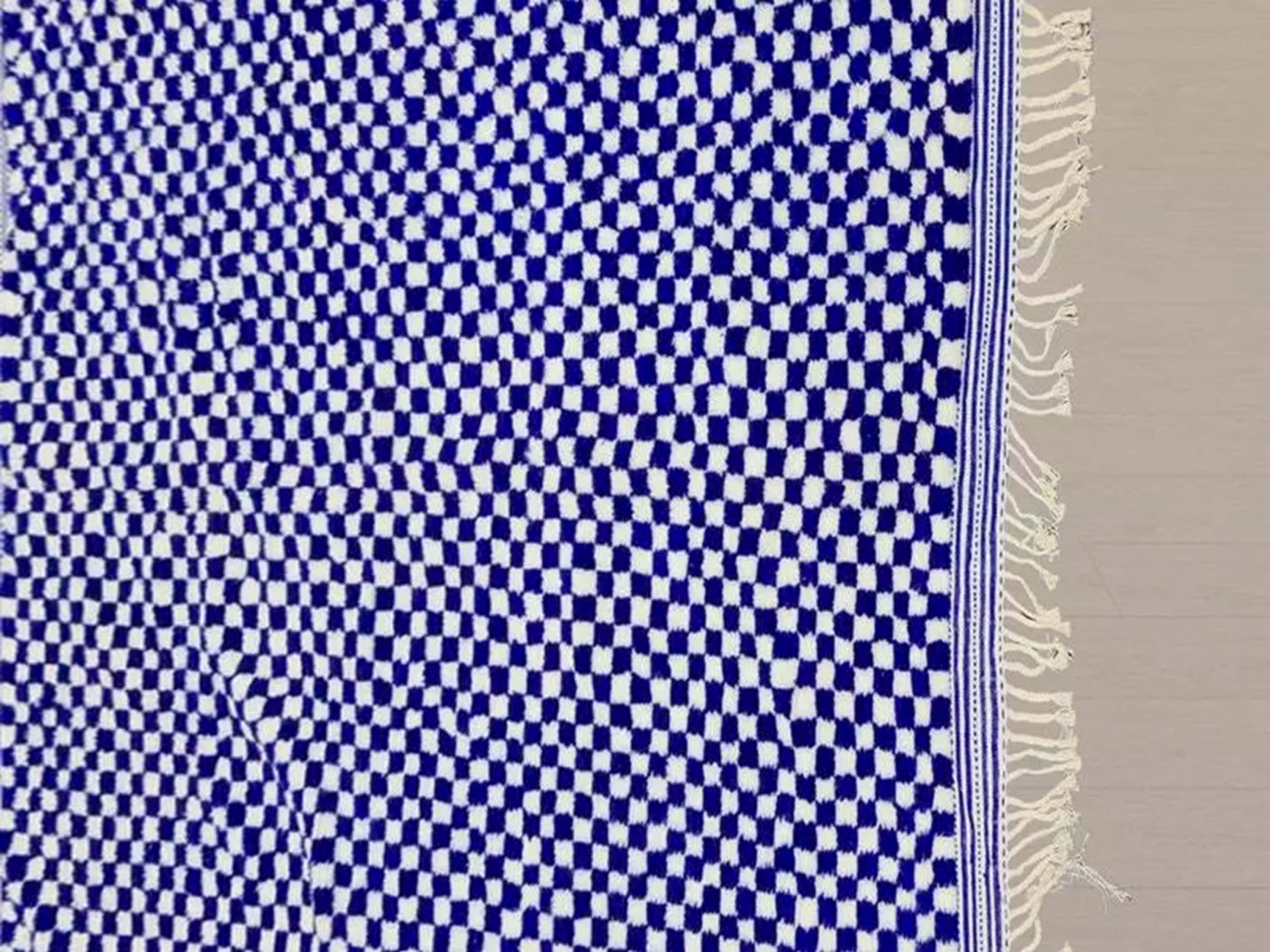 Beautiful Beni Ourain Rug, Handmade Moroccan Rug, Checkered Blue Rug For Hotel Room, Office X-mas Gift, Bedroom Rug, Azilal Rug, Wool Rug