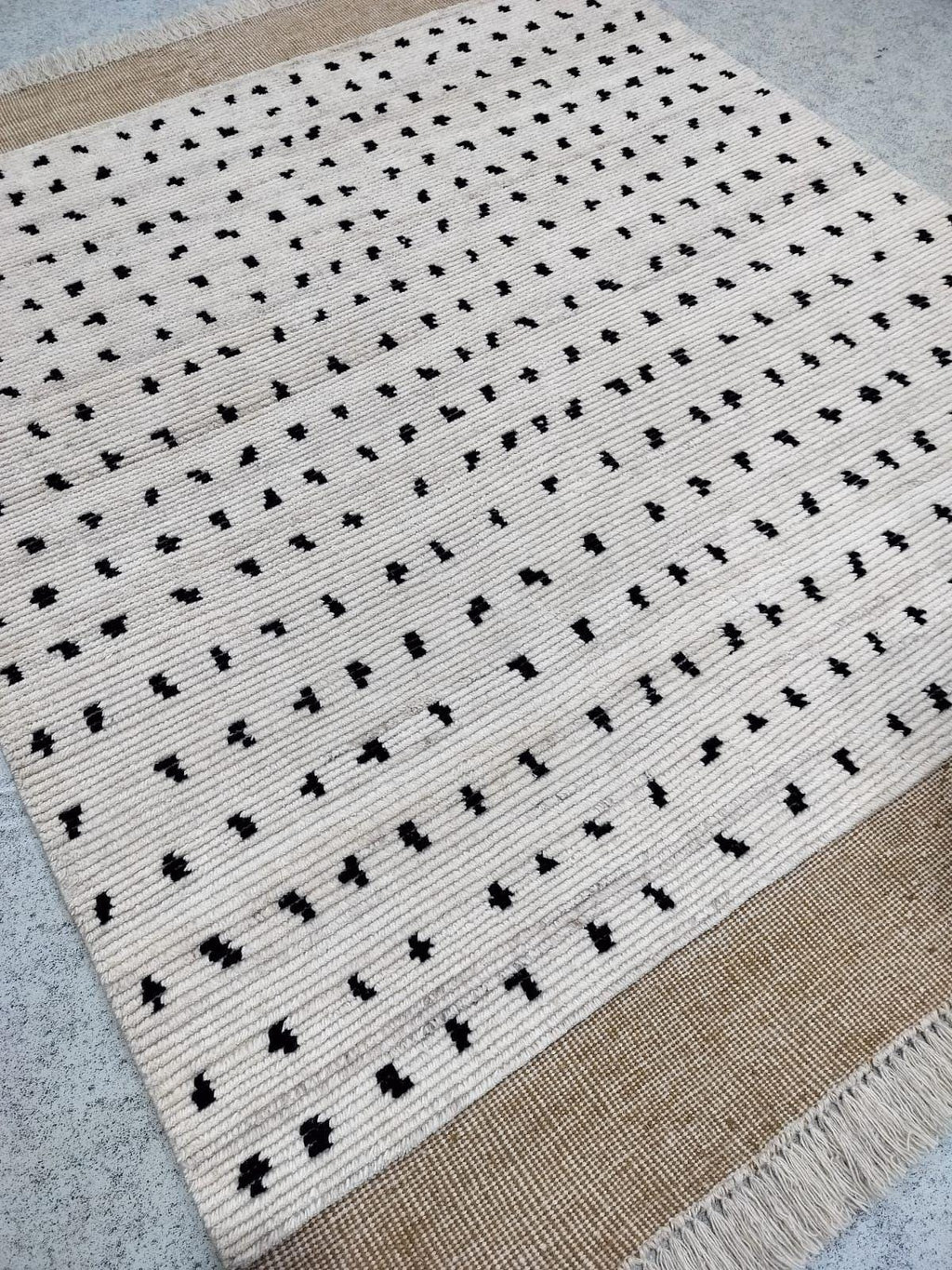 Made to Order White & Black Moroccan Rug, Dotted Wool Area Rug, Handmade Hand Knotted Berber Rug, Luxury Dining Room Carpet