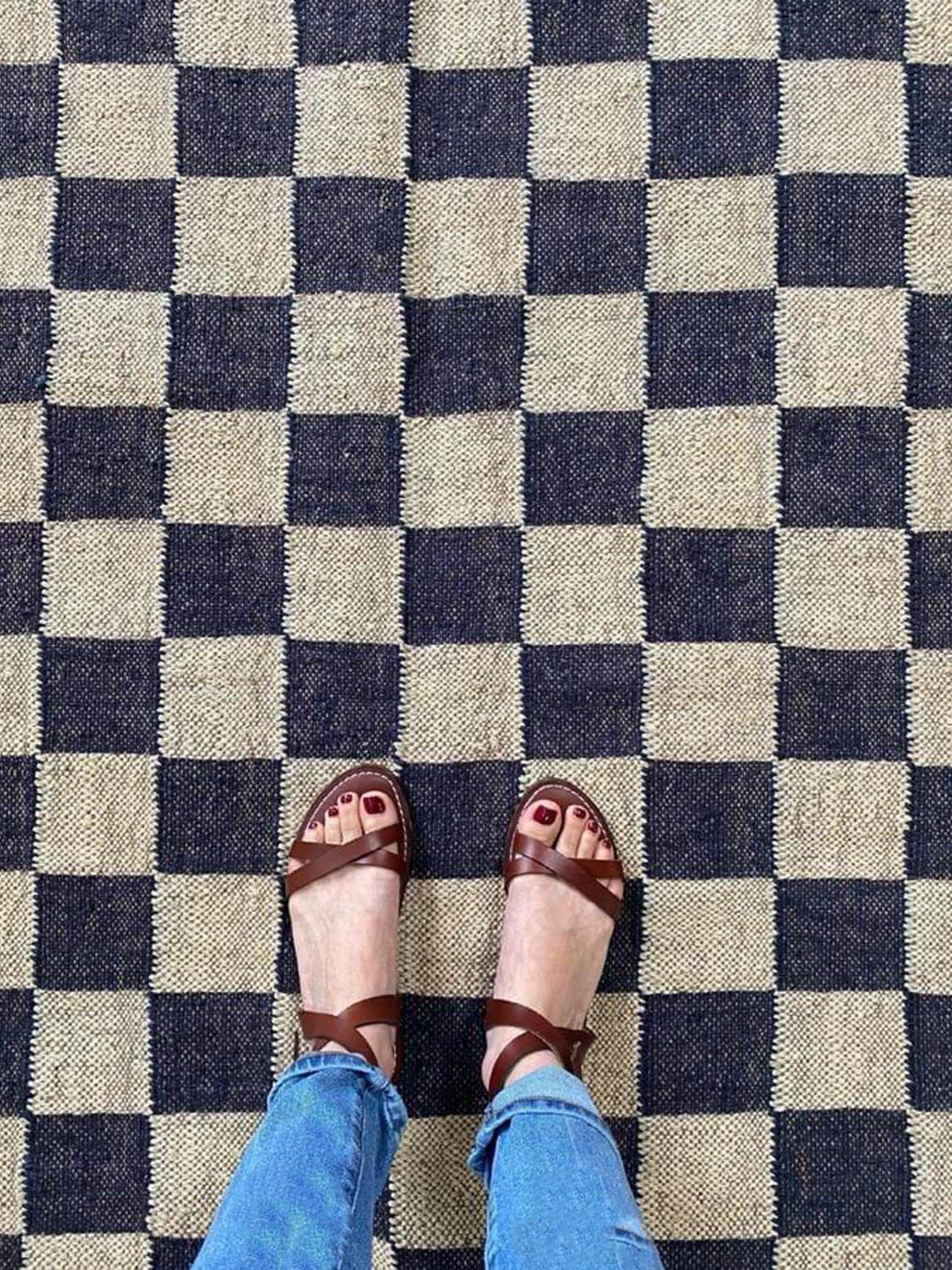 Handmade Black Checker Rug, Jute Kilim Black Checkerboard Rug, Home Decor Black Checkerboard Dhurrie, Custom Area Runner Rug