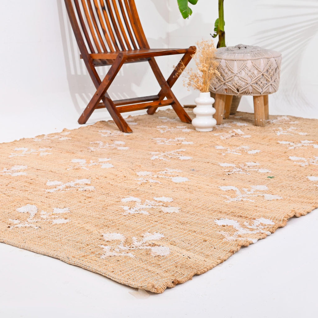Handmade Flower Jute Rug - Boho Natural Area Rug with White Flower Pattern - Handwoven High Quality Jute Rug, Flatweave Rug, Bedroom Rug