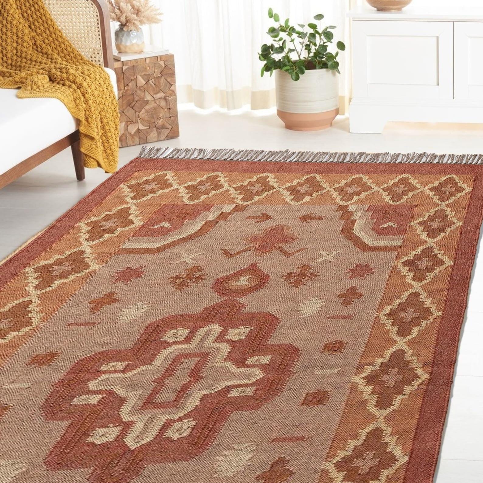 Handwoven Jute Kilim Dhurrie Rug – 5x8 ft (150x240 cm) | Vintage Oriental Boho Rug | Traditional Indian & Turkish Kelim | Custom Size Rug