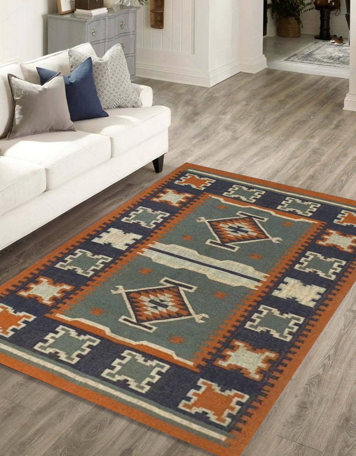 Handwoven Kilim Rug, Handmade Wool and Jute Dhurrie, Traditional Indian Jute Area Rug, Wool and Jute Rug Handmade, Kilim Dhurrie Rug