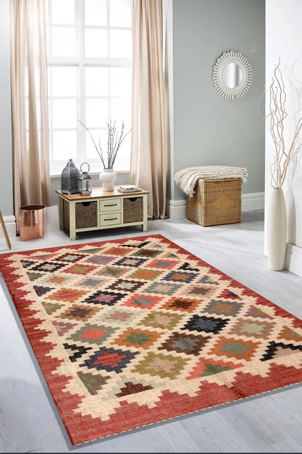Handwoven Wool Jute Kilim Rug Flatweave Bohemian Rug Indian Dhurrie Rug Navajo Kilim Rug Custom Wool Jute Area Rug Home Decor