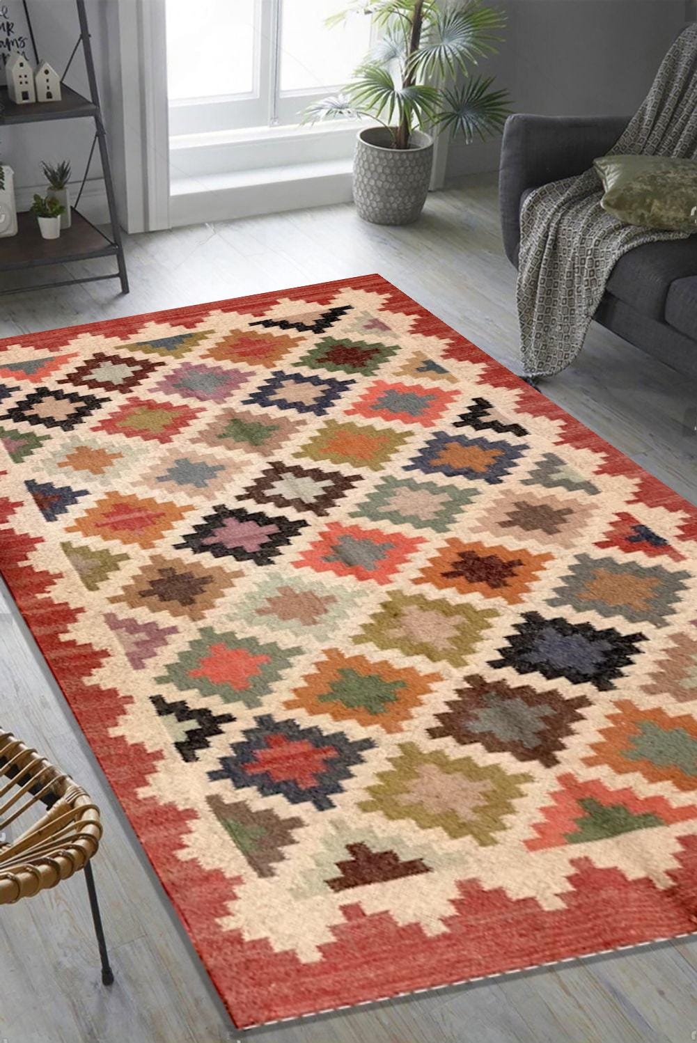 Handwoven Wool Jute Kilim Rug Flatweave Bohemian Rug Indian Dhurrie Rug Navajo Kilim Rug Custom Wool Jute Area Rug Home Decor