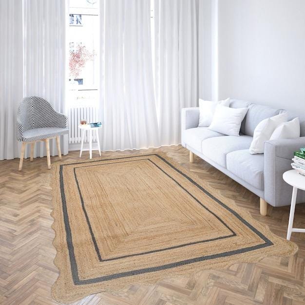 Natural Jute Scallop Rug, Jute Scallop Braided Rug Bohemian Jute Rug Rectangular Jute Rug, Boho Decor Rug, Jute Area Rug, Square Jute rug