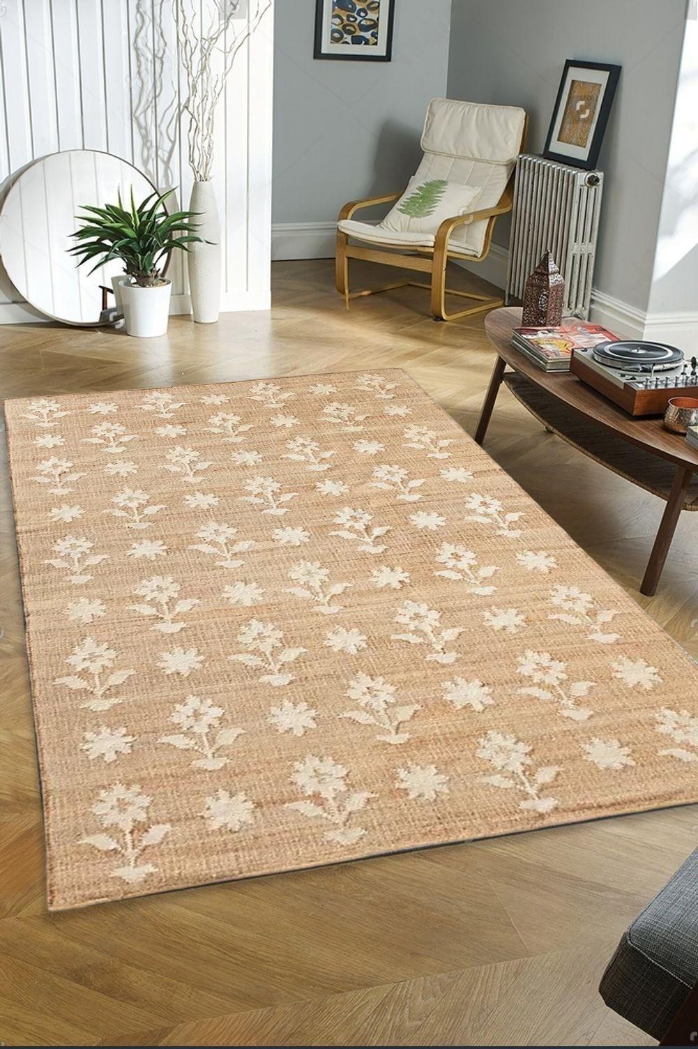 6X9 FT White Custom Runner Home Decor Jute Floral Design Rug, 6X9 FT White Custom Runner, Home Decor Jute Floral Design Rug