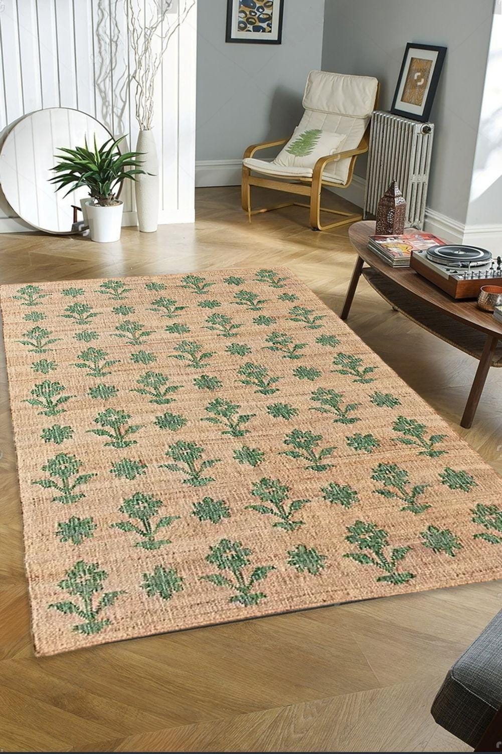 Natural Jute Rug Floral Handwoven Jute Area Rug Bohemian Flower Pattern Carpet Rectangular Living Room Rug Boho Décor Large Custom Size Rug