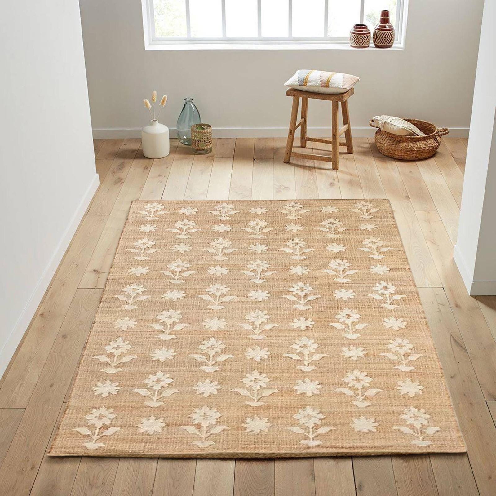 Natural Jute Rug Floral Handwoven Jute Area Rug Bohemian Flower Pattern Carpet Rectangular Living Room Rug Boho Décor Large Custom Size Rug