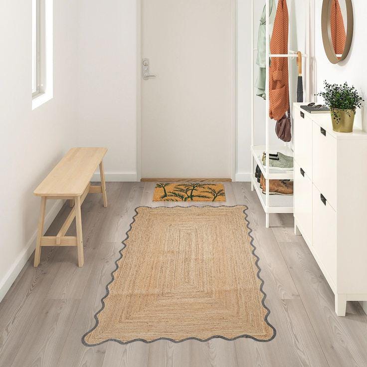Scalloped Jute Rug, Bohemian Wave Edge Jute Area Rug, Natural Handwoven Rectangular Jute Carpet ,Custom Size Boho Decor Rug