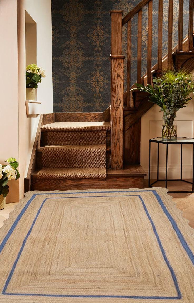 Scalloped Jute Runner, Blue Edge Braided Jute Rug, Natural Boho Area Runner, Rustic Home Decor, Custom Size