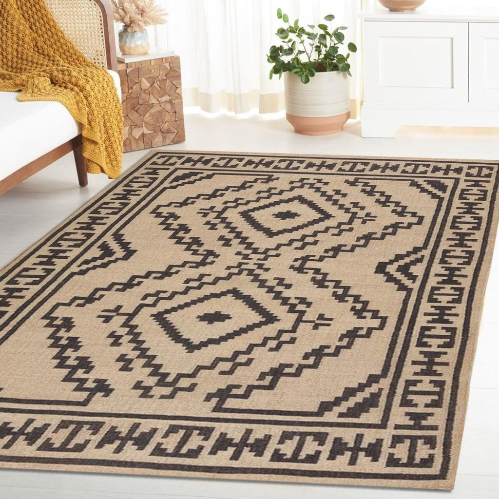 Handwoven Jute Kilim Rug – 5x8 ft , Modern Kilim Area Rug , Natural Beige & Black Tribal Carpet,Farmhouse, Minimalist,Custom Sizes