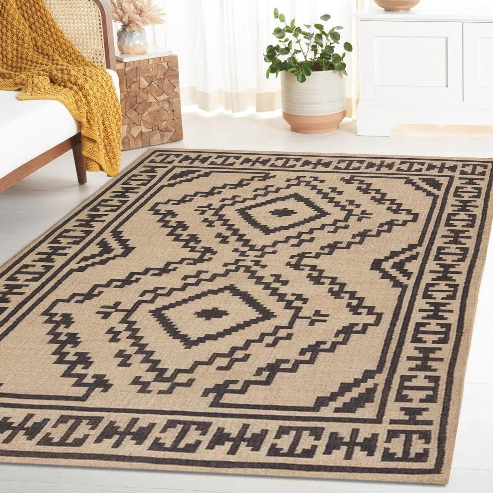 5x8 Wool Jute Kilim Rug | Custom Size Wool Rug | Vintage Area Rug | Boho Home Decor | Handmade Wool Jute Rug